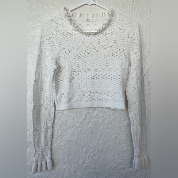 Tularosa Sweaters - Tularosa Lana 100% nylon knit sweater, cream/white, ruffle neck, cropped; size S